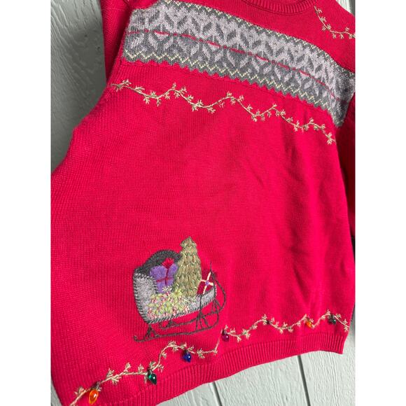 Woolrich Christmas Sweater Sleigh Embroidered Holiday Lights, Petite Large - Picture 3 of 8